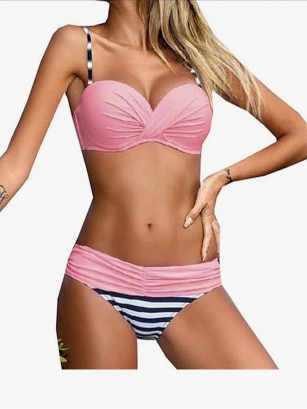 Pink Bandeau Twist Swim Top & Fold-Over Stripe Bikini Bottom - Women Swim